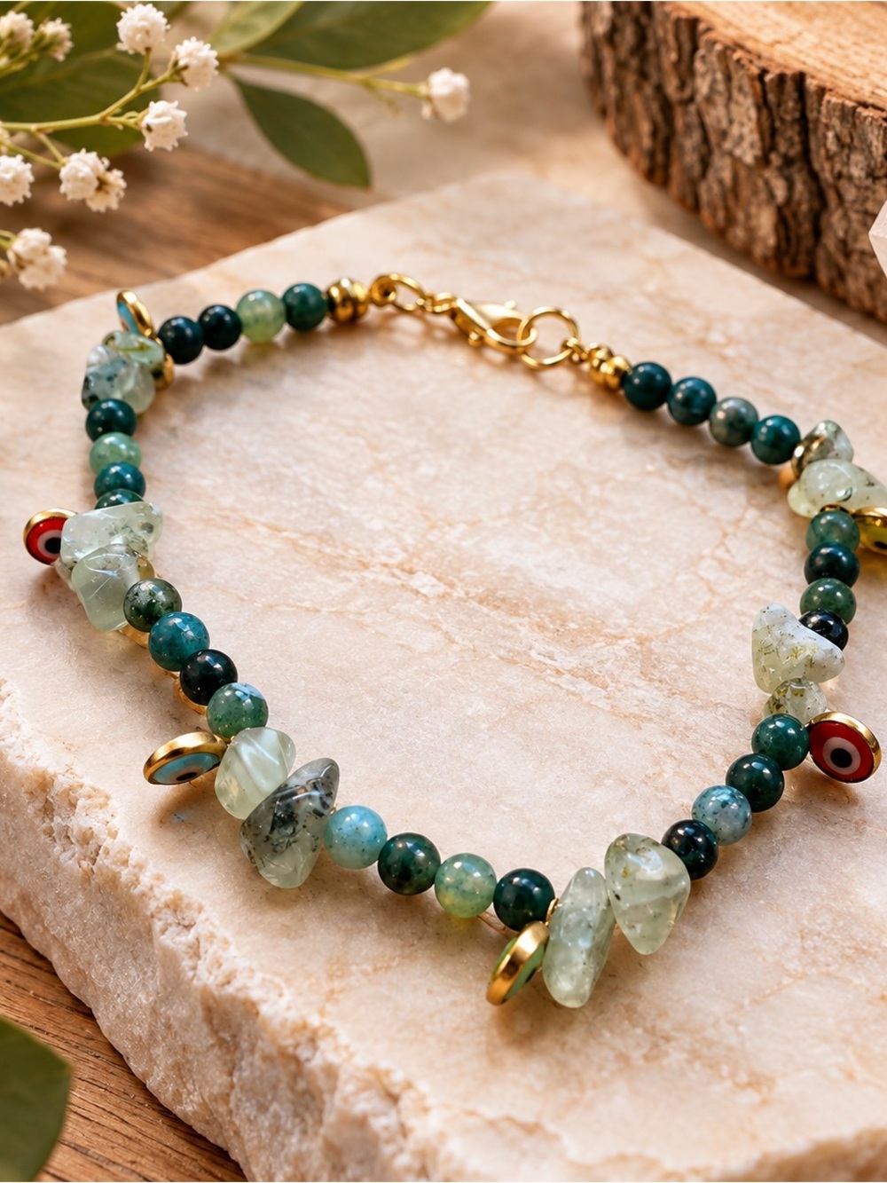 Handmade Green Bead and Gold Accent Bracelet